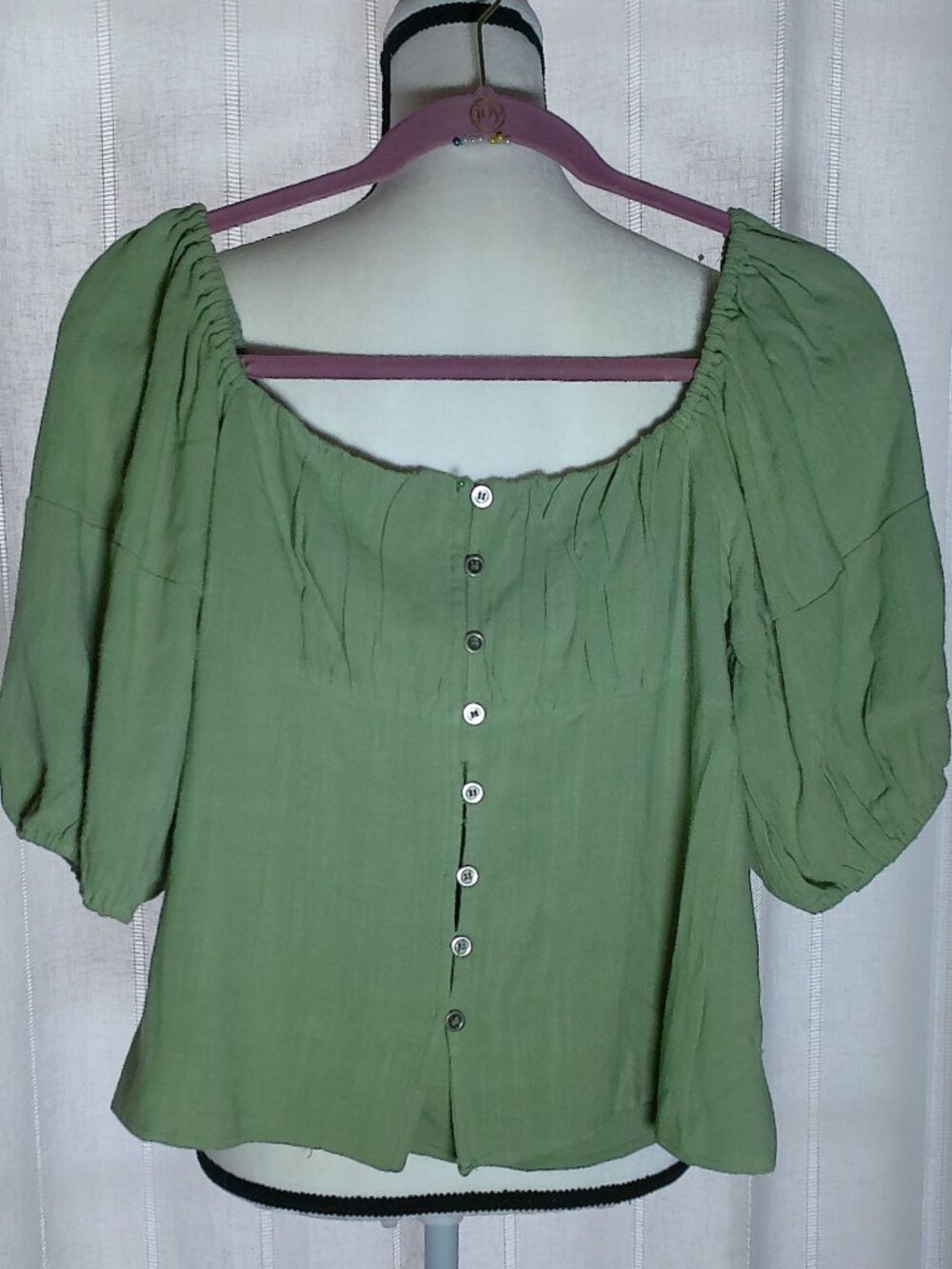 AEMI & CO Elbow Sleeve Square Neck Button-Up Bright Olive Green Blouse NWOT S - Picture 2 of 10